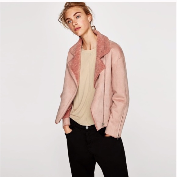 Zara Jackets & Blazers - ZARA Cropped Jacket Suede Effect Faux Sherpa- Pink